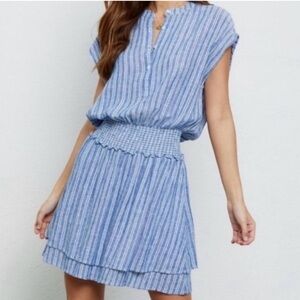 Rails Angelina Mini Dress Cascade Stripe Blue Linen Tiered Smocked Waist XS